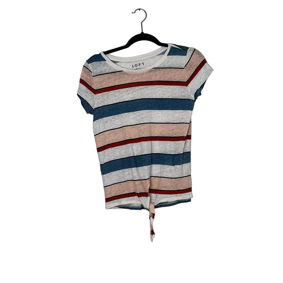 Loft Linen Tie Front Striped Short Sleeve - Picture 1 of 4